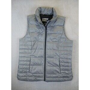 Lands End Womens Sz M 10-12 Black White Plaid Down Puffer Vest Full Zip Pockets